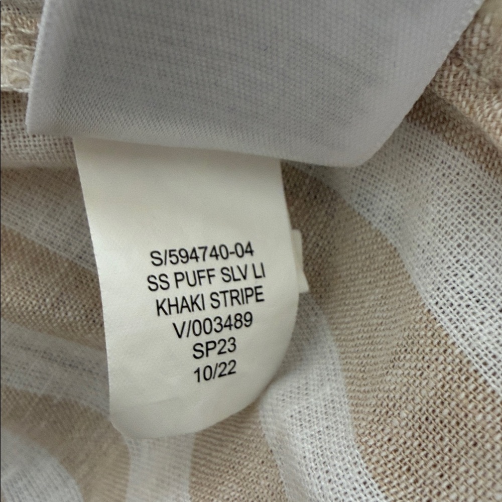 NWT GAP Khaki and White Striped Linen Blend Belted Puff Sleeved Shirt Dress Lg - Picture 9 of 9